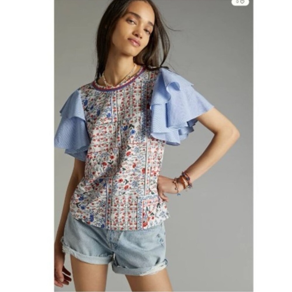 Anthropologie Let Me Be Floral Chambray Ruffle Flutter Sleeve Tee Blouse‎ Size S - Picture 2 of 14
